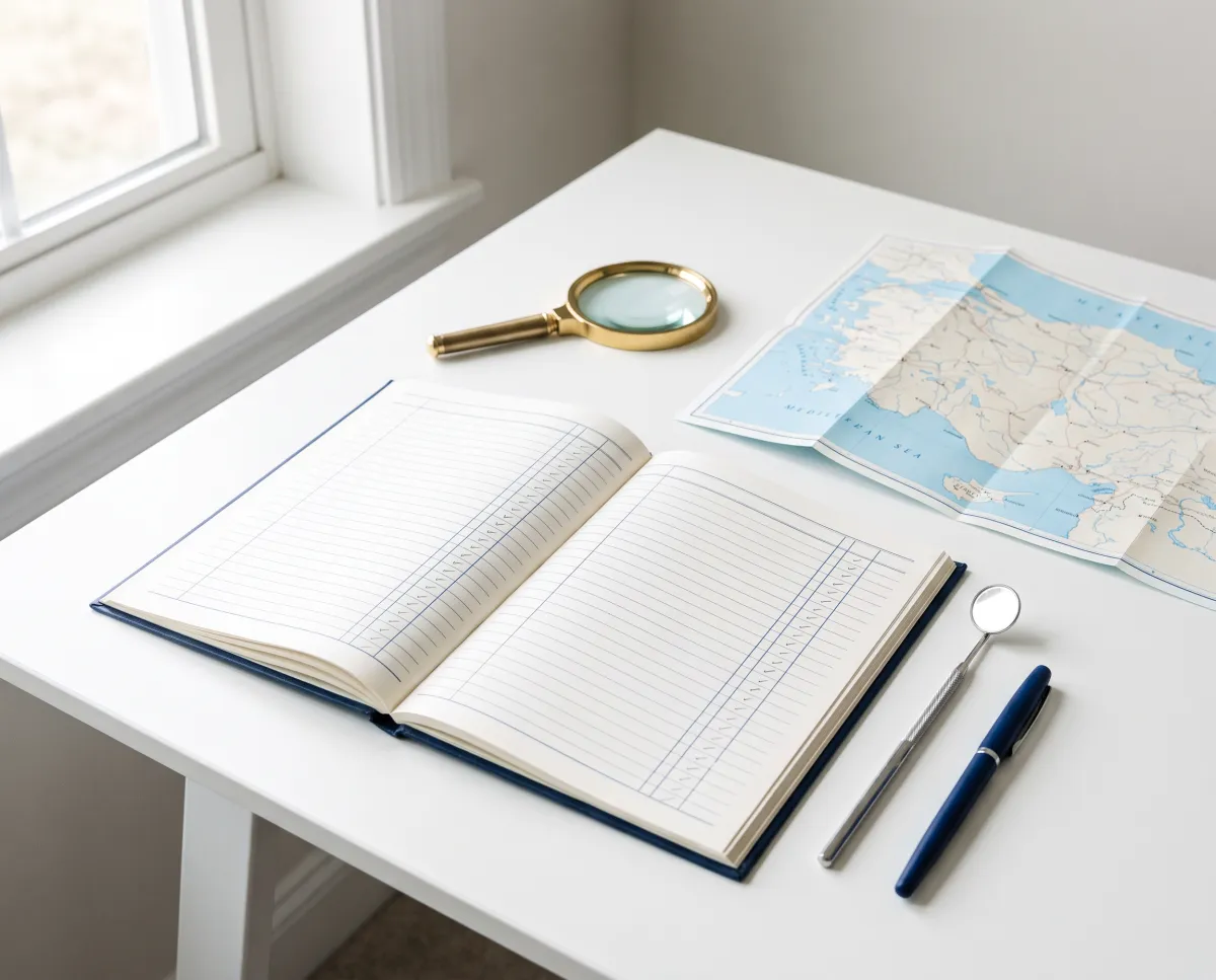 Illustration: an open register ledger, a magnifying glass, a map and a dental mirror on a white desk